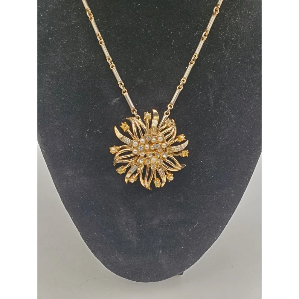 Vtg Coro Gold Tone Faux Pearls Rhinestones 14" Estate Star Burst Necklace - Picture 1 of 5